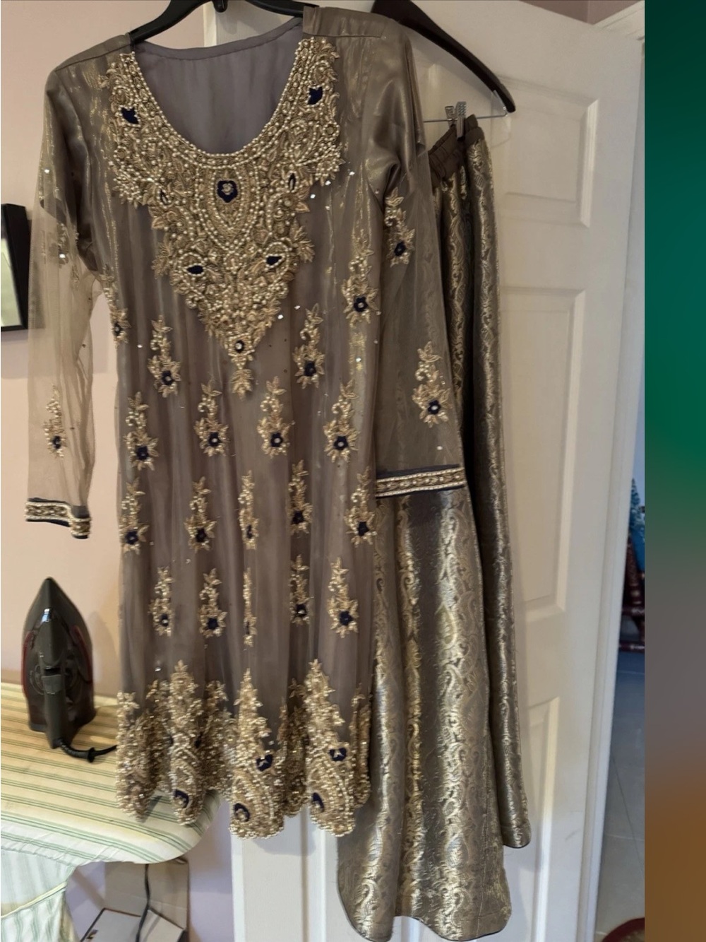 Embellished Taupe Evening Dress with Gold Embroidery